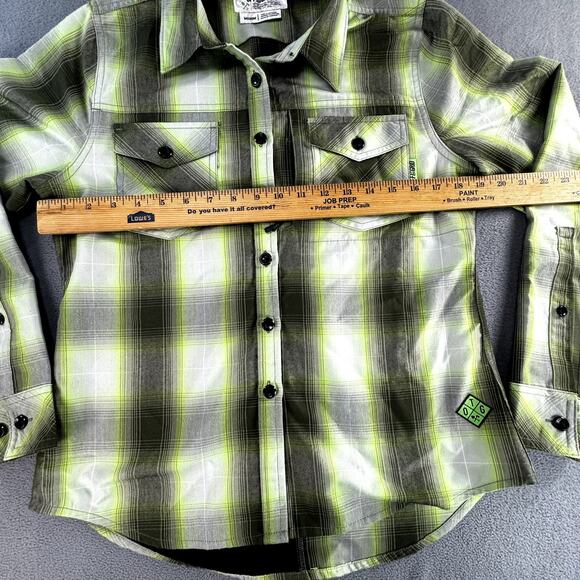 OFF the Grid Women's Bailey Technical Flannel Shirt Medium Lime Green Gray Plaid - Picture 10 of 13
